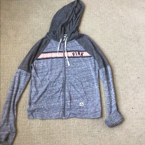 Pink Victoria’s Secret Grey Zip Up Hoodie with Coral Stripe. Size S.